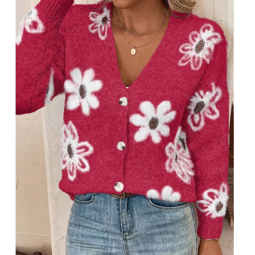 Red Cardigan Knit Flower Textured Button Front Stretchy, Soft